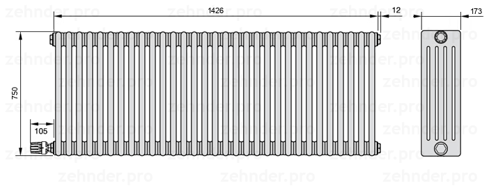 Схема (чертеж) Радиатор Zehnder Charleston 5075/31 №V003 Белый глянцевый RAL 9016